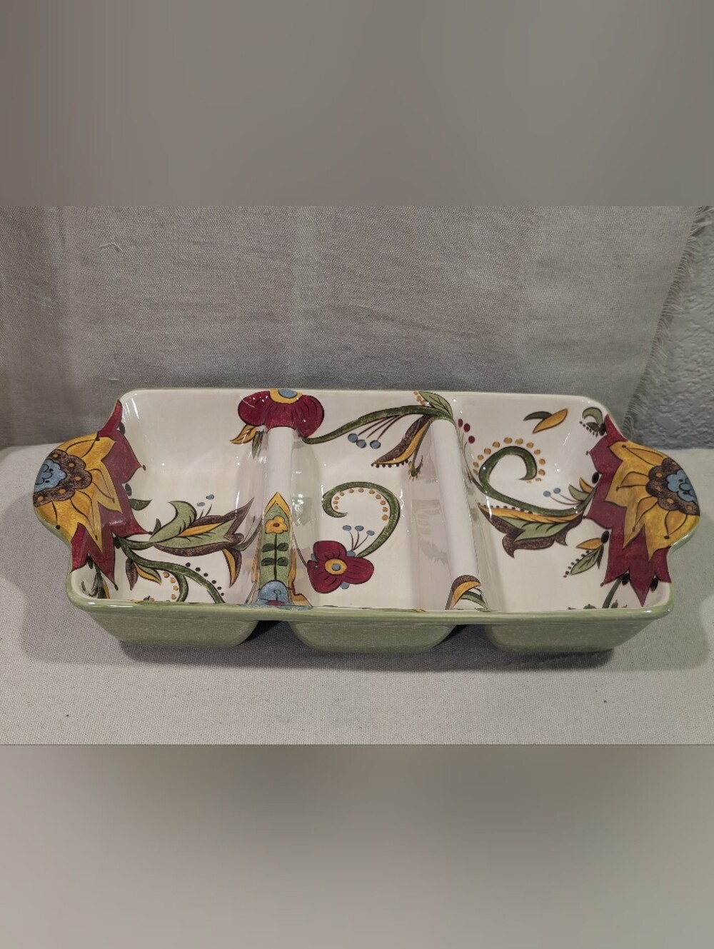 Pier 1 Carynthum Relish Vegetable 3 Section Dish Earthenware Floral Discontinued